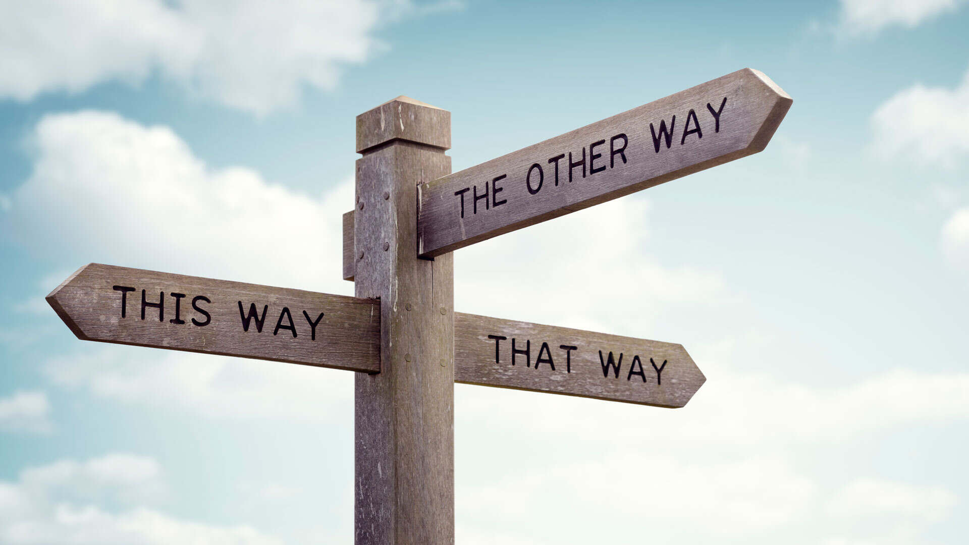 Wegweiser mit drei Richtungen: This Way, That Way, The Other Way.