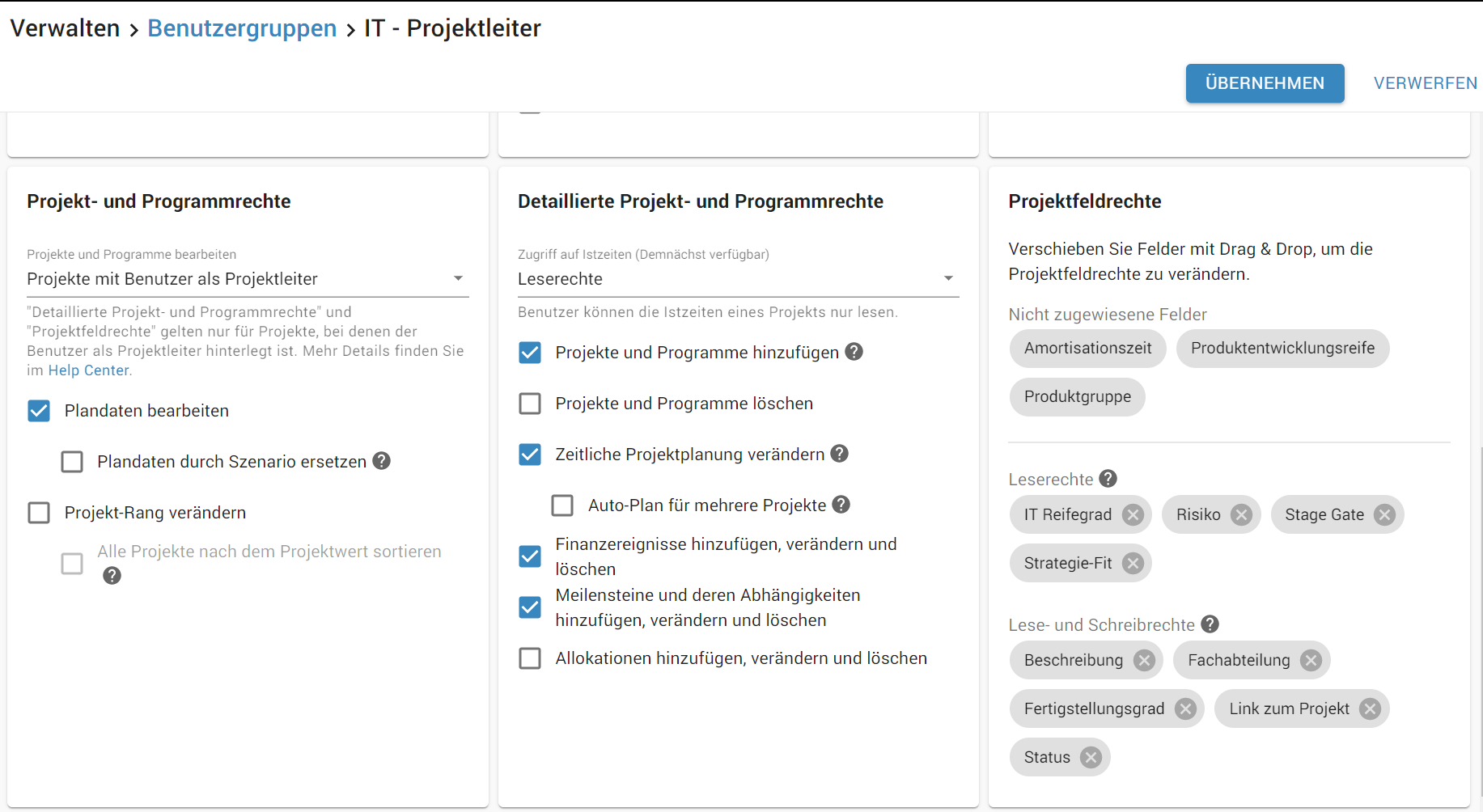 Projektsteckbrief für verschiedene Benutzergruppen individualisieren