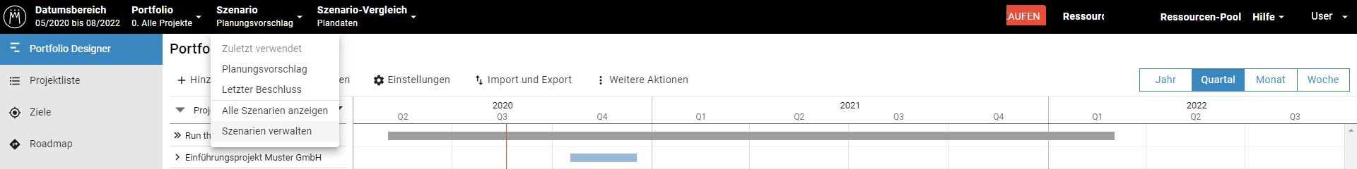 Meisterplan Kopfleiste Szenario-Manager