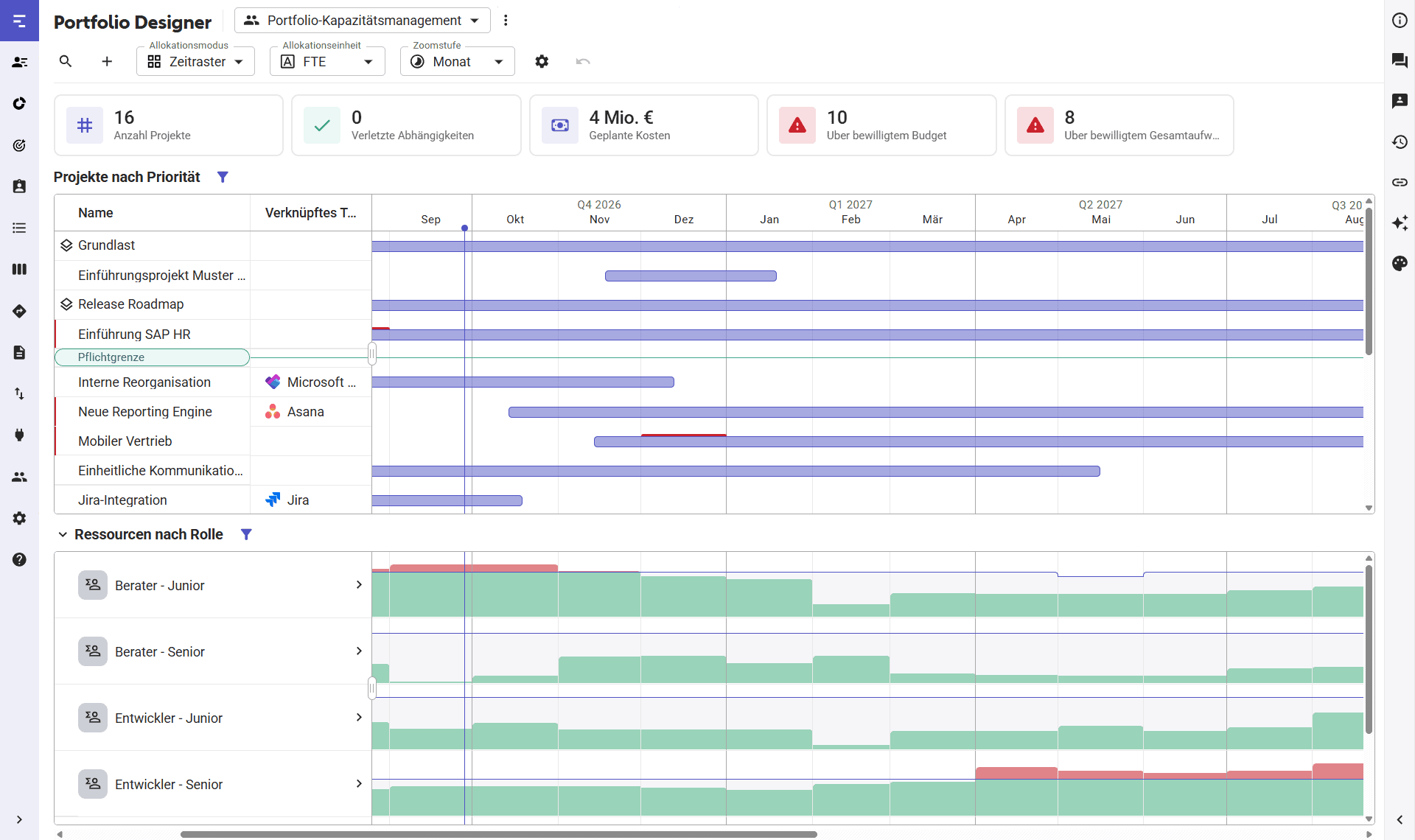 Screenshot eines Projektmanagement-Tools von Meisterplan mit Zeitplänen und Ressourcenplanung.