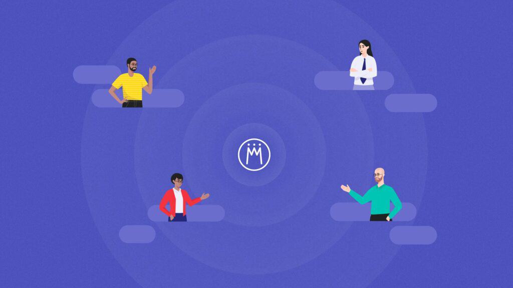 Vier Personen in einer virtuellen Meeting-Umgebung mit Meisterplan-Logo in der Mitte.