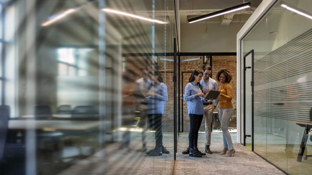 business team down a long hallway