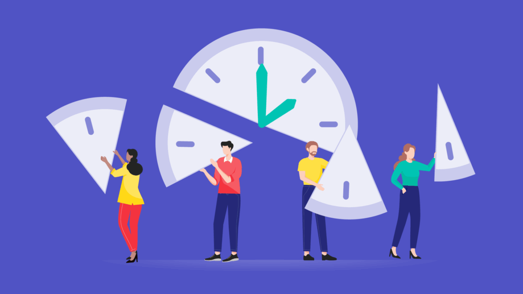 An illustration of people taking slices out of a clock