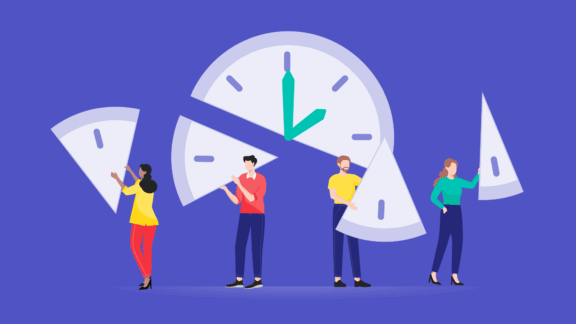 An illustration of people taking slices out of a clock